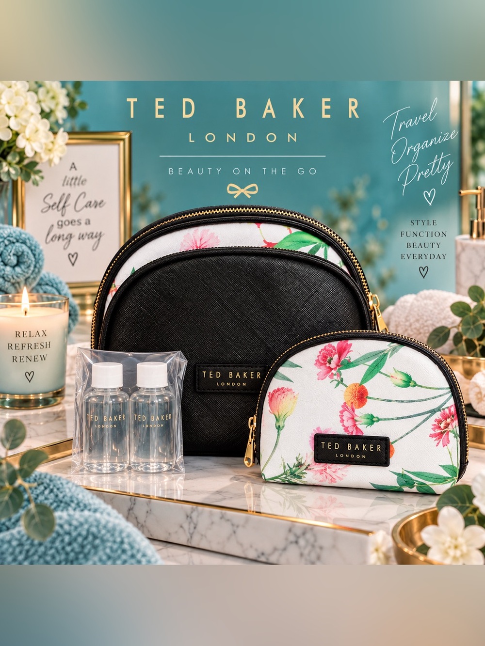 Ted Baker Black and White Floral Travel Cosmetic Bag 3 Piece Set